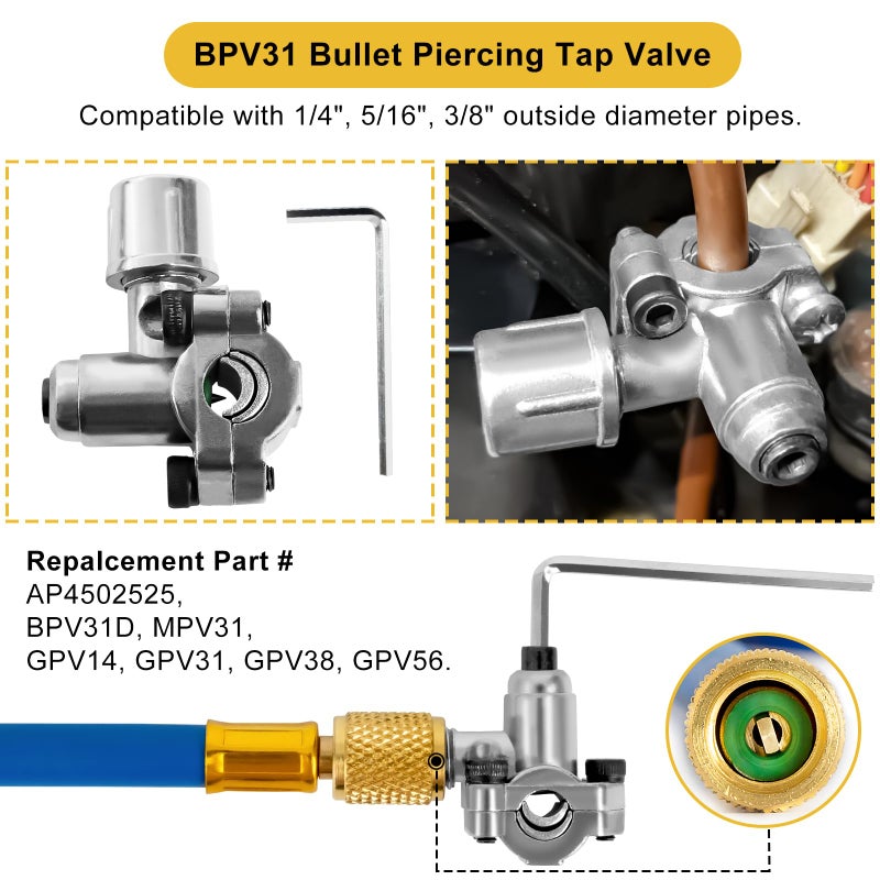 Belleone R134a Refrigerant Recharge Kit with BPV31 Bullet Piercing Valve and R134a Quick Coupler, R134a/R-12/R-22 Freon Refrigerant Hose Can Tap Kit for A/C System - Easy to use - Image 5